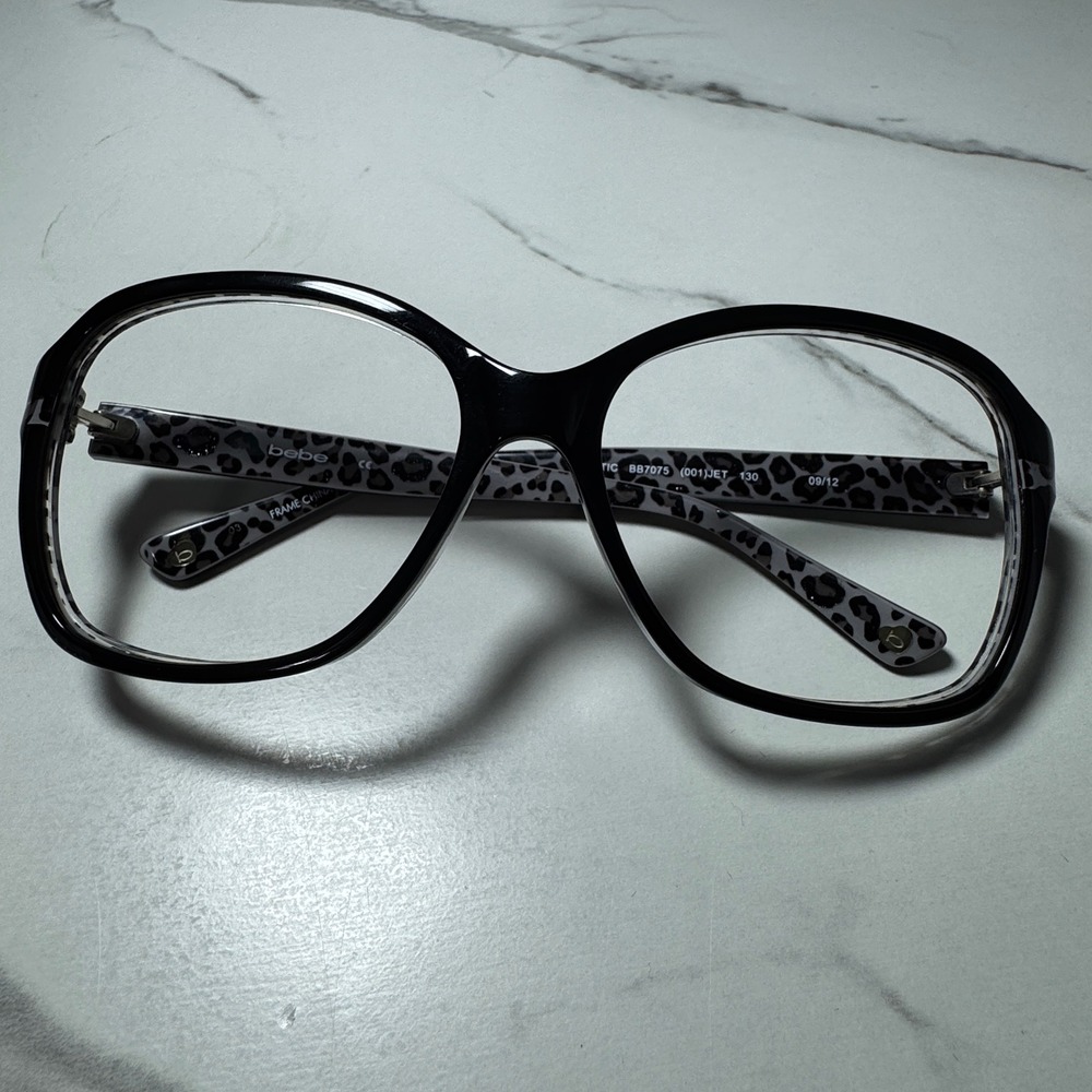 Bebe Exotic BB7075 Jet Black Grey Leopard Print Square Eyeglasses Frames 130